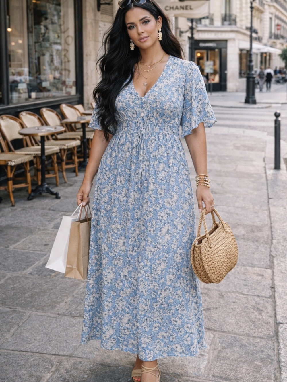 Emma & Michele Blue Floral Midi Dress XL Boho Cottagecore Spring Elastic Waist